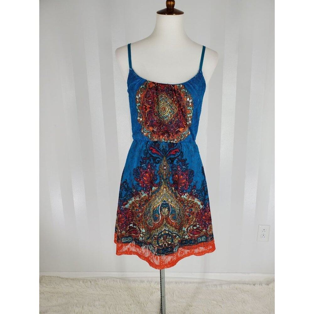 Stiletto’s Blue Lace Overlay Boho Festival Paisley Cami Dress Sz S